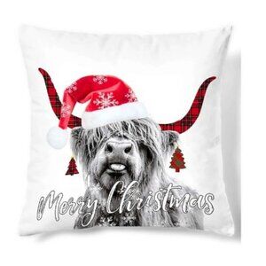 Merry Christmas Cow Wearing Santa Hat Throw Pillow Cover